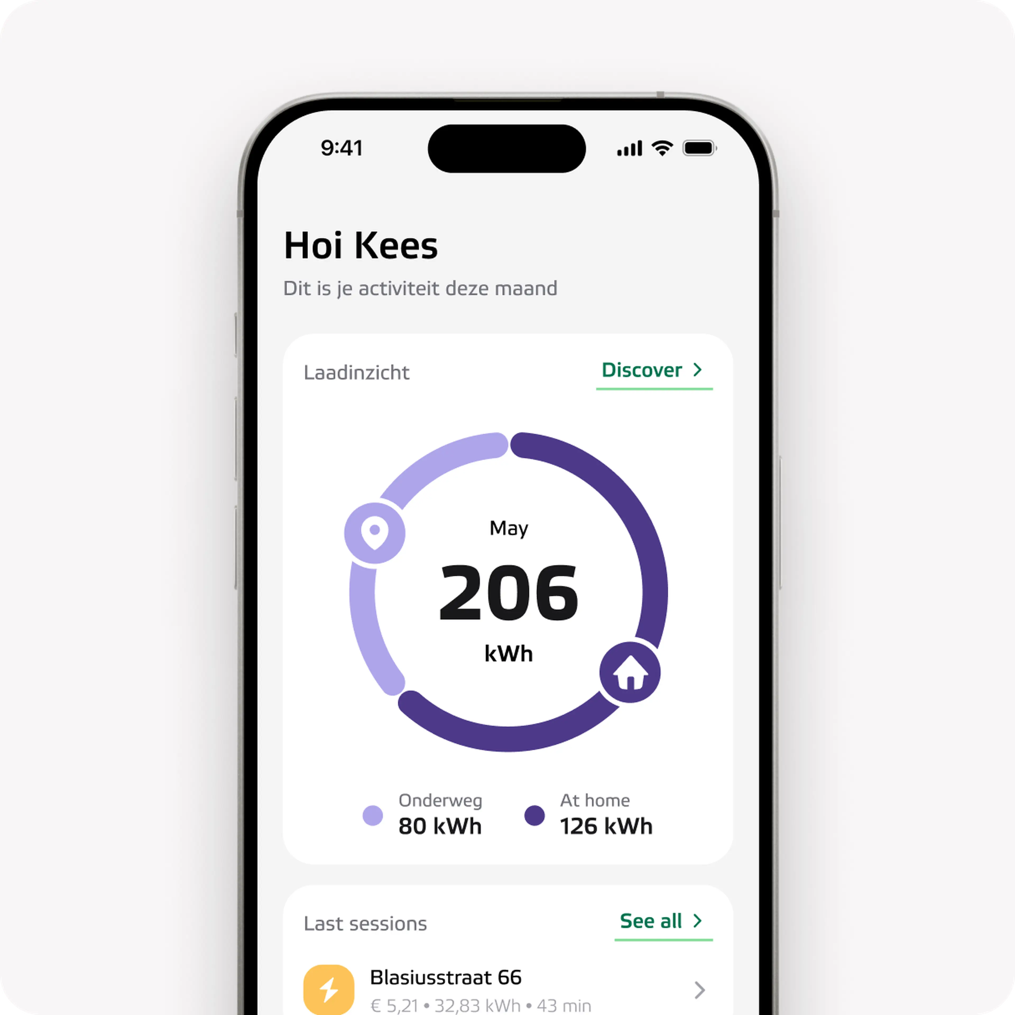 Eneco eMobility app met laadoverzicht op een telefoon