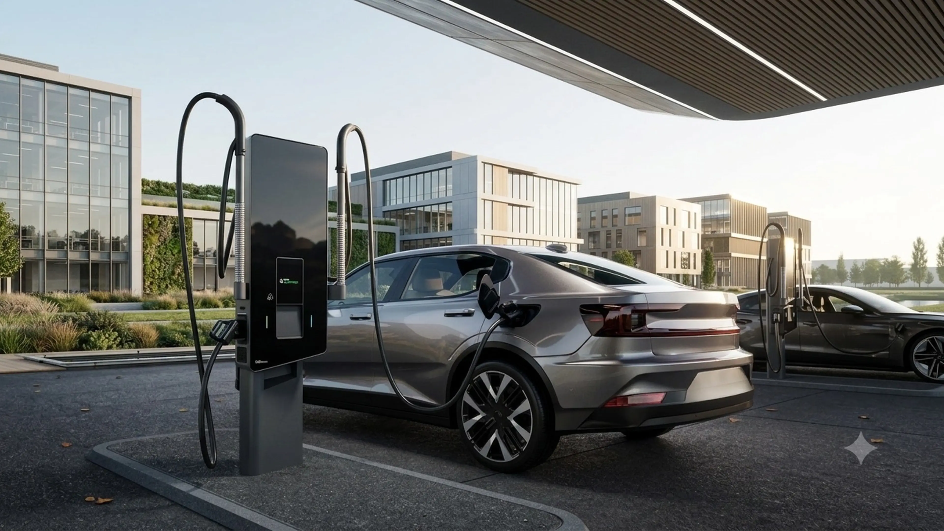 Elektrische auto's laden aan snelladers bij een kantoorlocatie