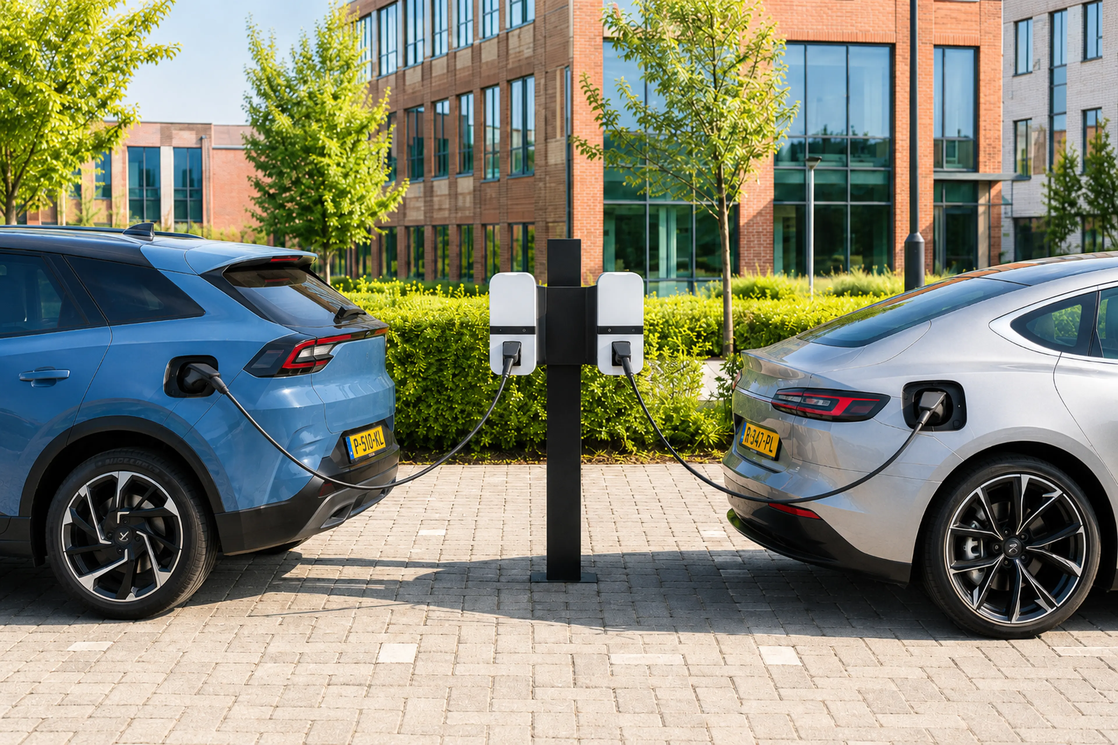 Twee elektrische auto's laden bij een kantoorpand