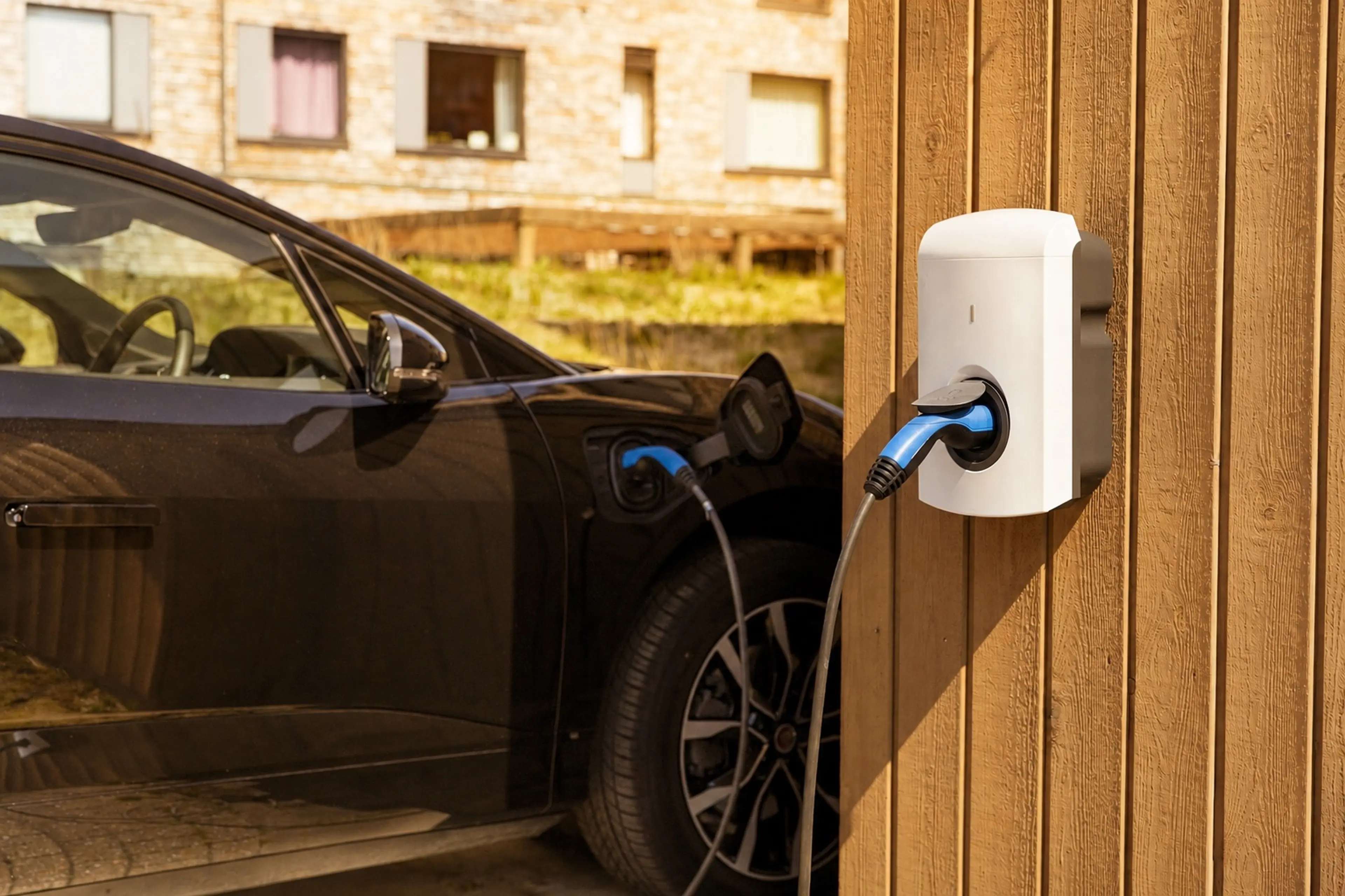 Alfen Eve S-Line laadpaal aan een houten wand met een elektrische auto