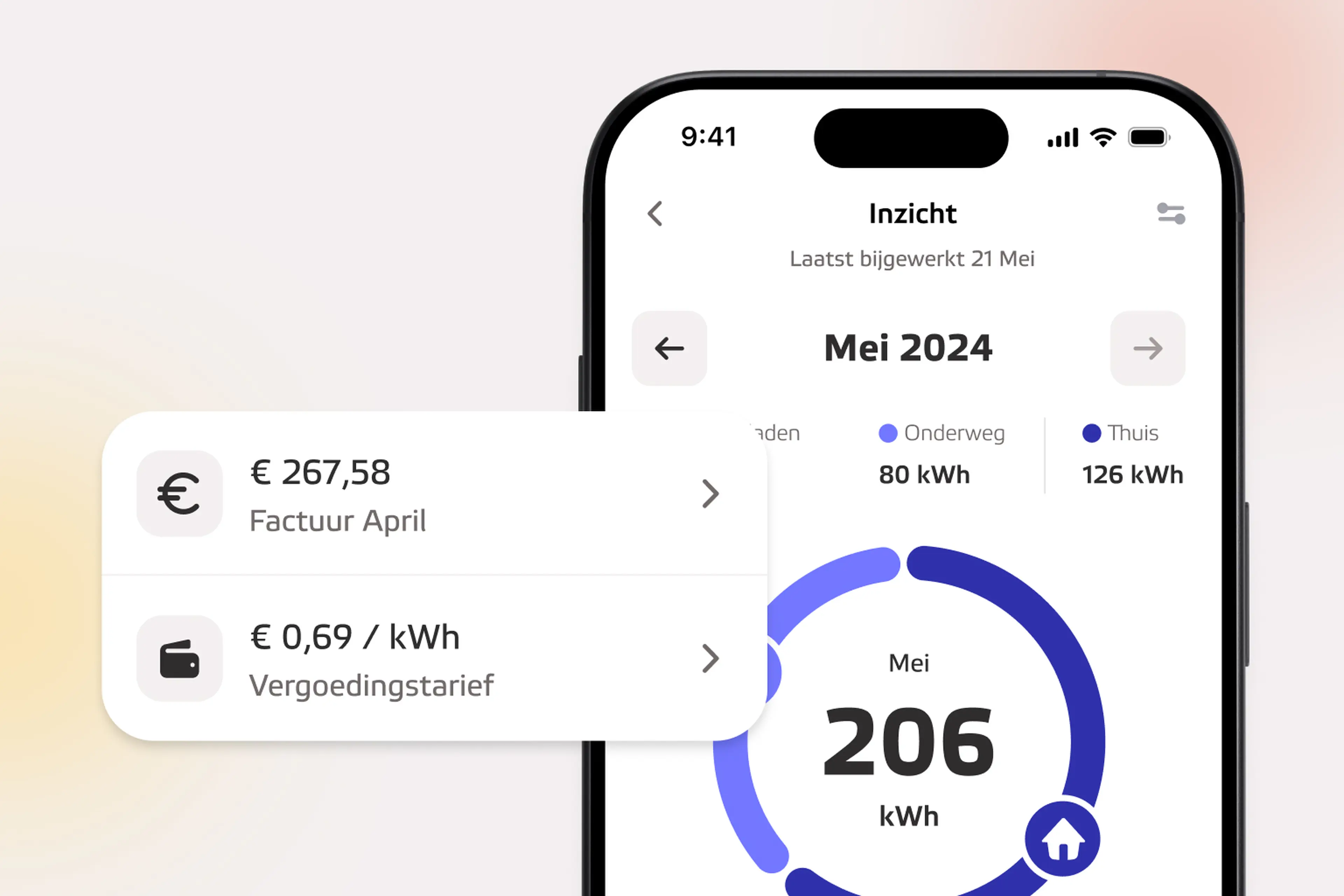 Het inzichtscherm in de app met het verbruik per maand en de factuur