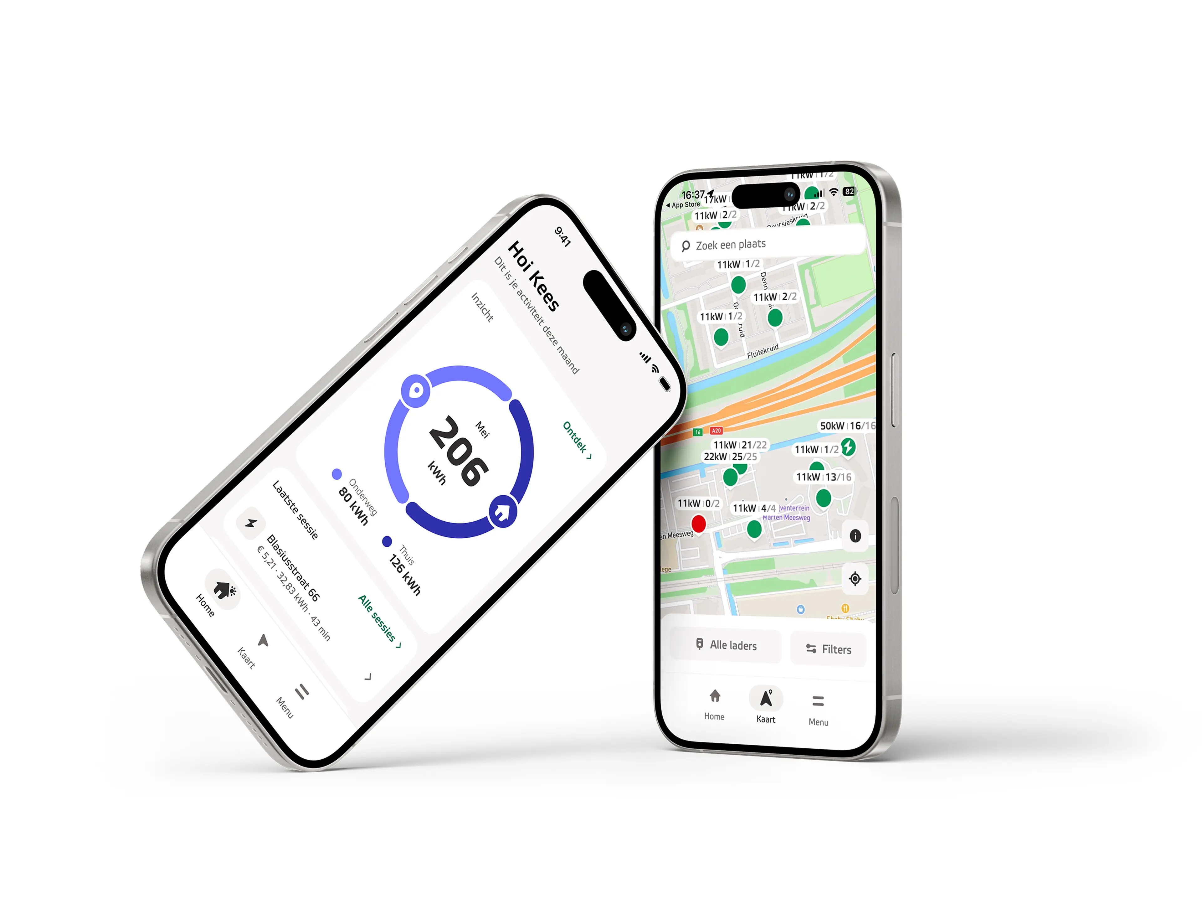 Two smartphones displaying a fitness app interface. One shows heart rate data, and the other displays a map with location markers.