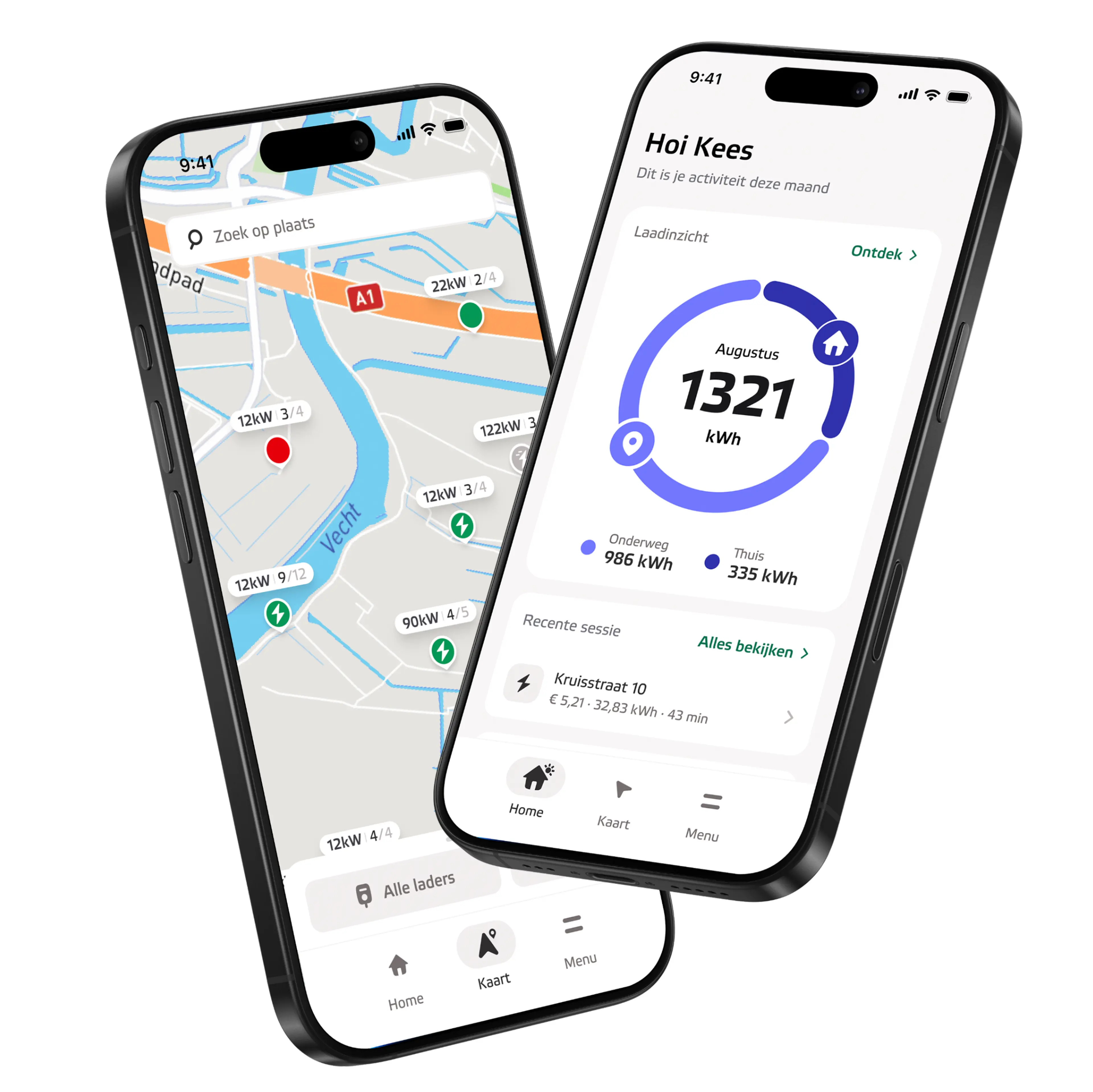 De Eneco eMobility app op twee telefoons, met de laadkaart en het maandoverzicht