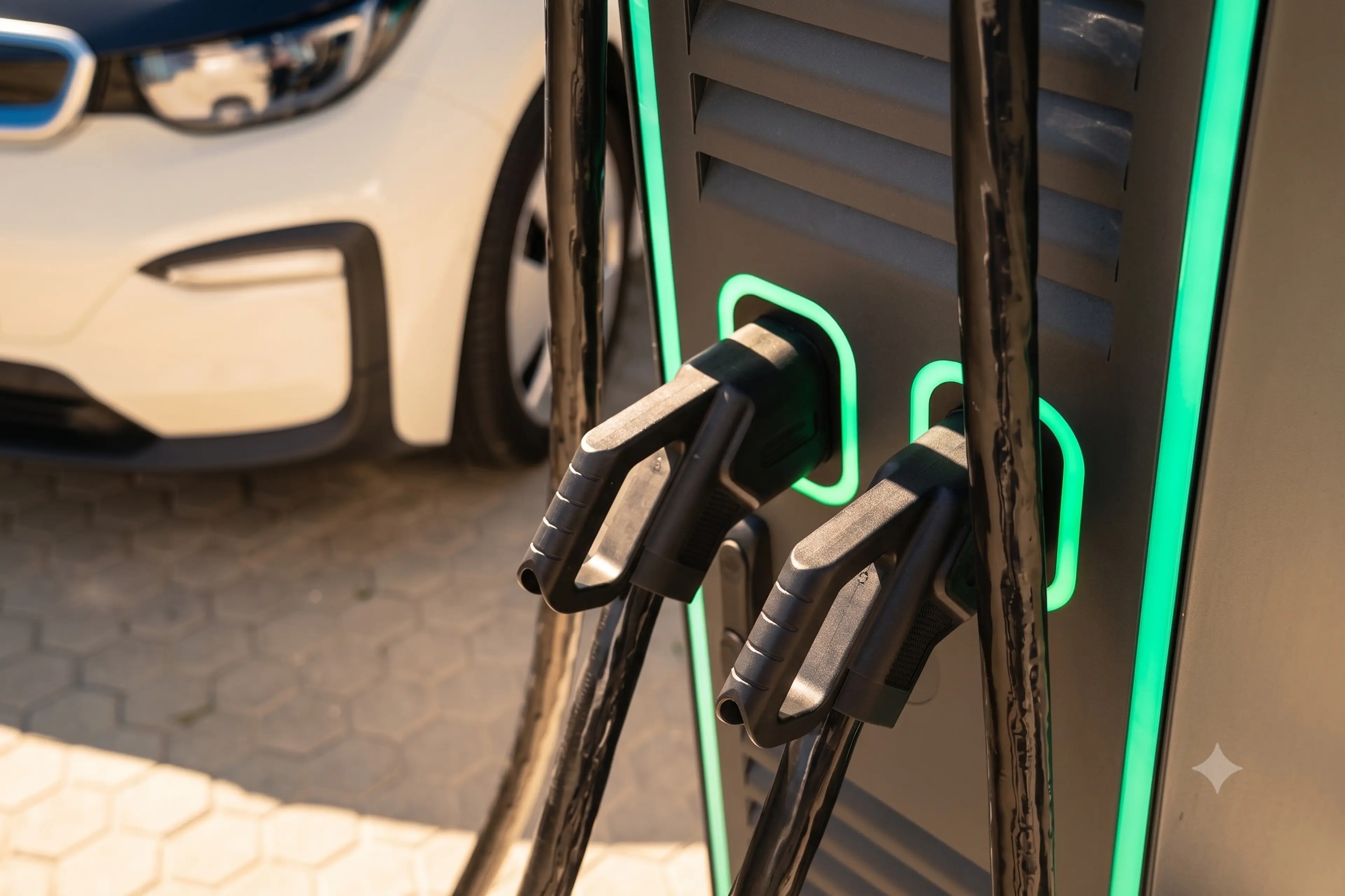 Twee CCS2-connectoren aan een snellader naast een elektrische auto