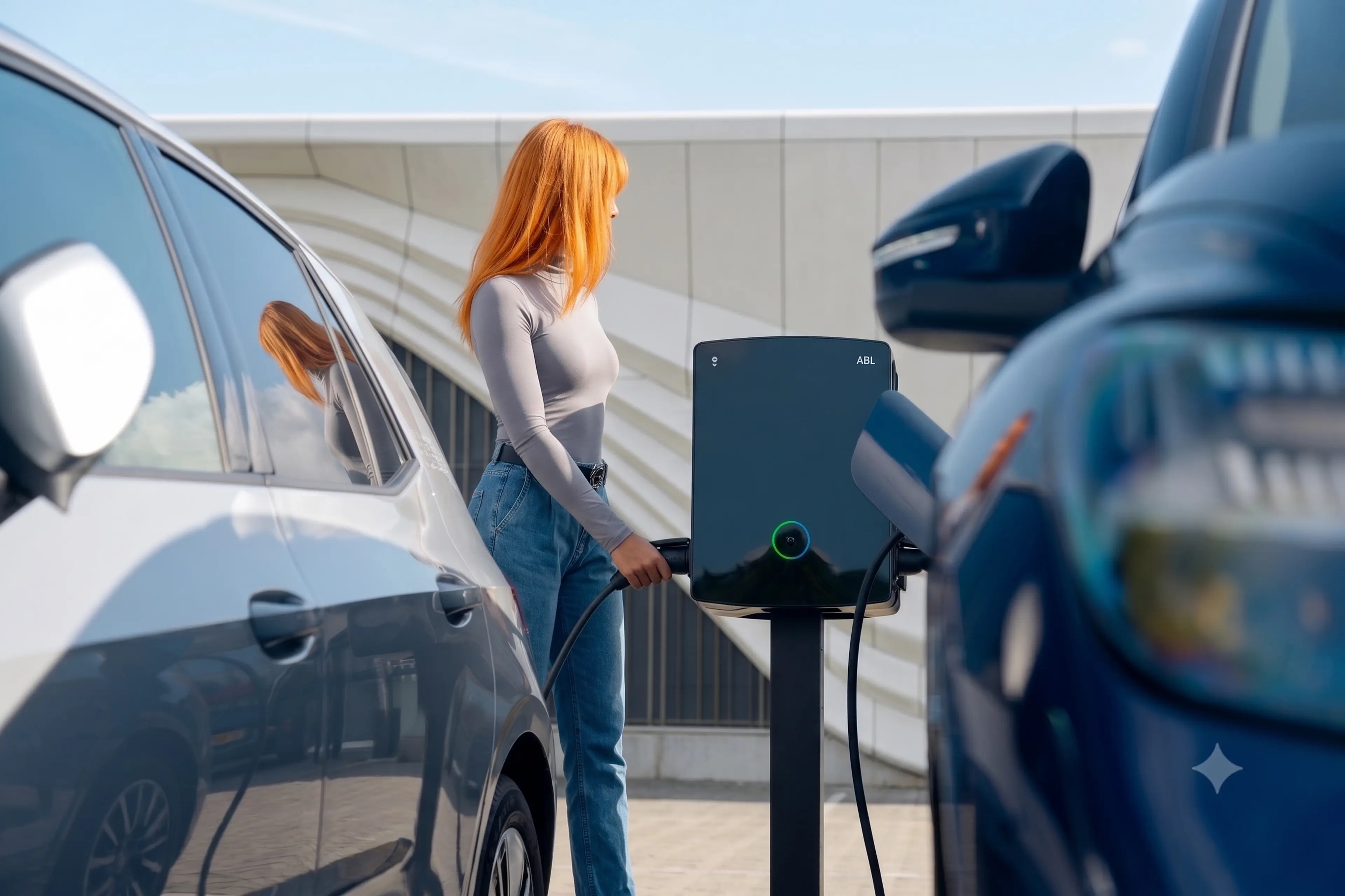 Iemand laadt een elektrische auto aan een laadpaal op een parkeerplaats