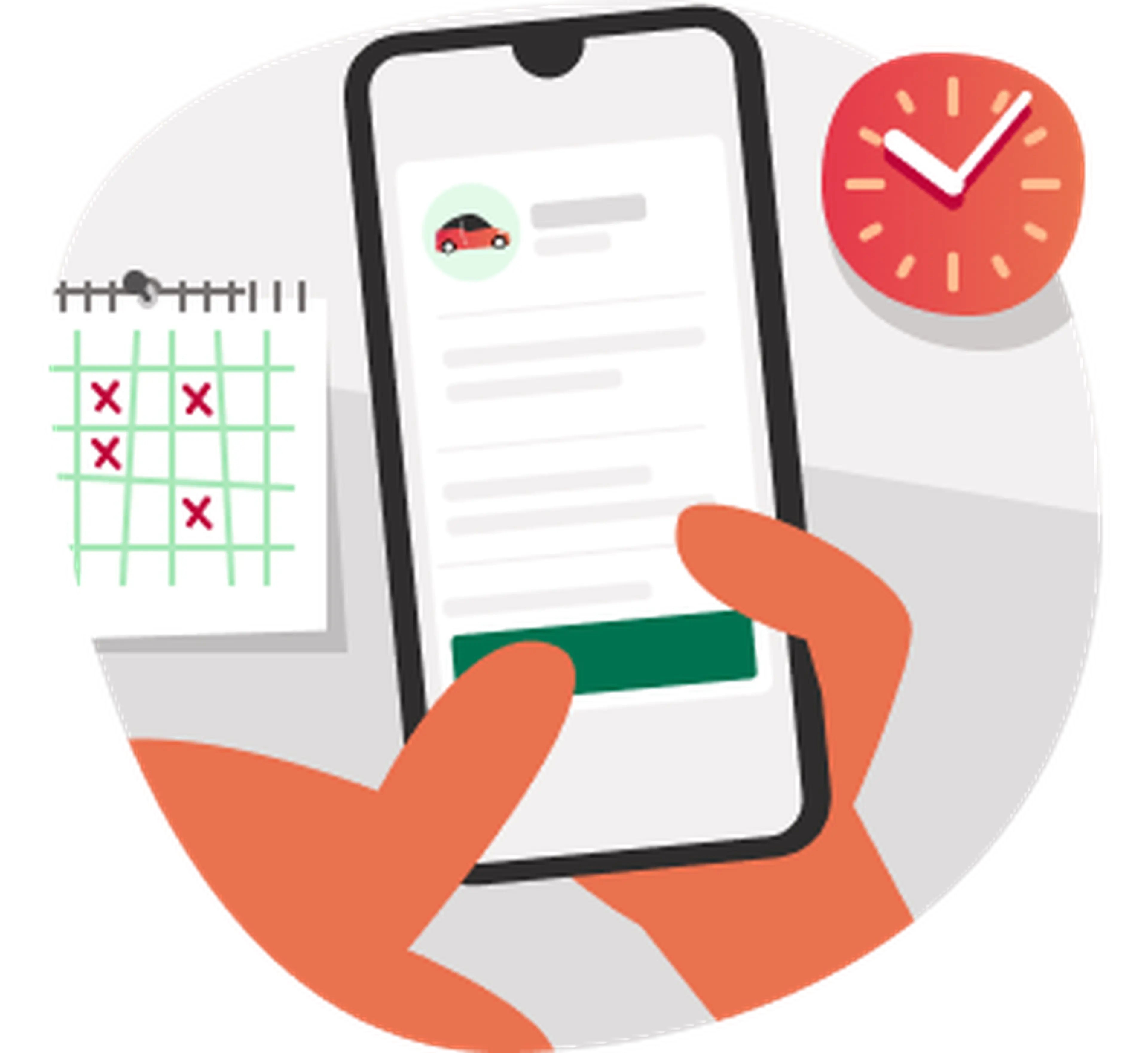 Illustratie van een hand die de app instelt met een kalender en klok
