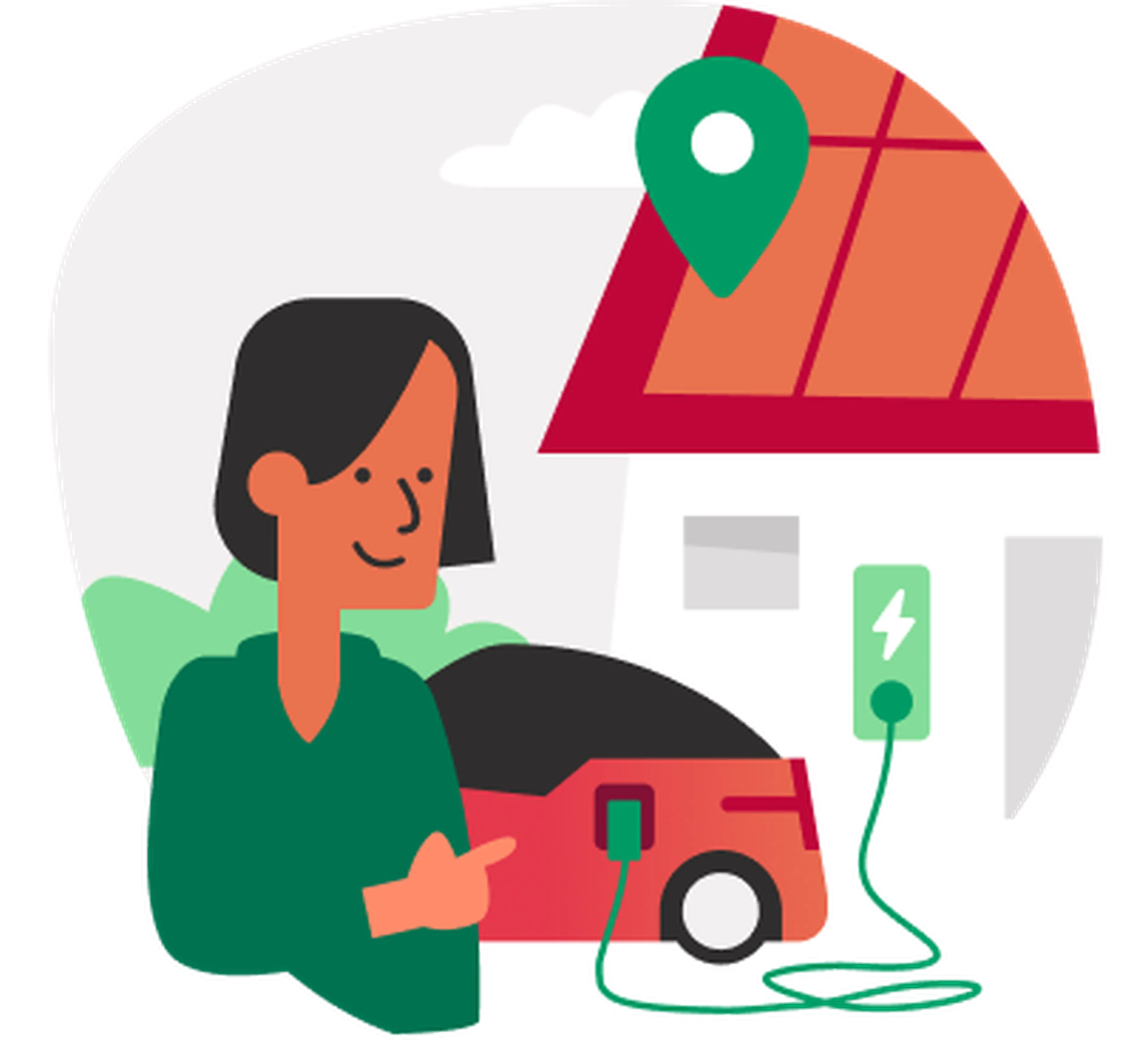 Illustratie van een vrouw bij haar huis met een ladende elektrische auto