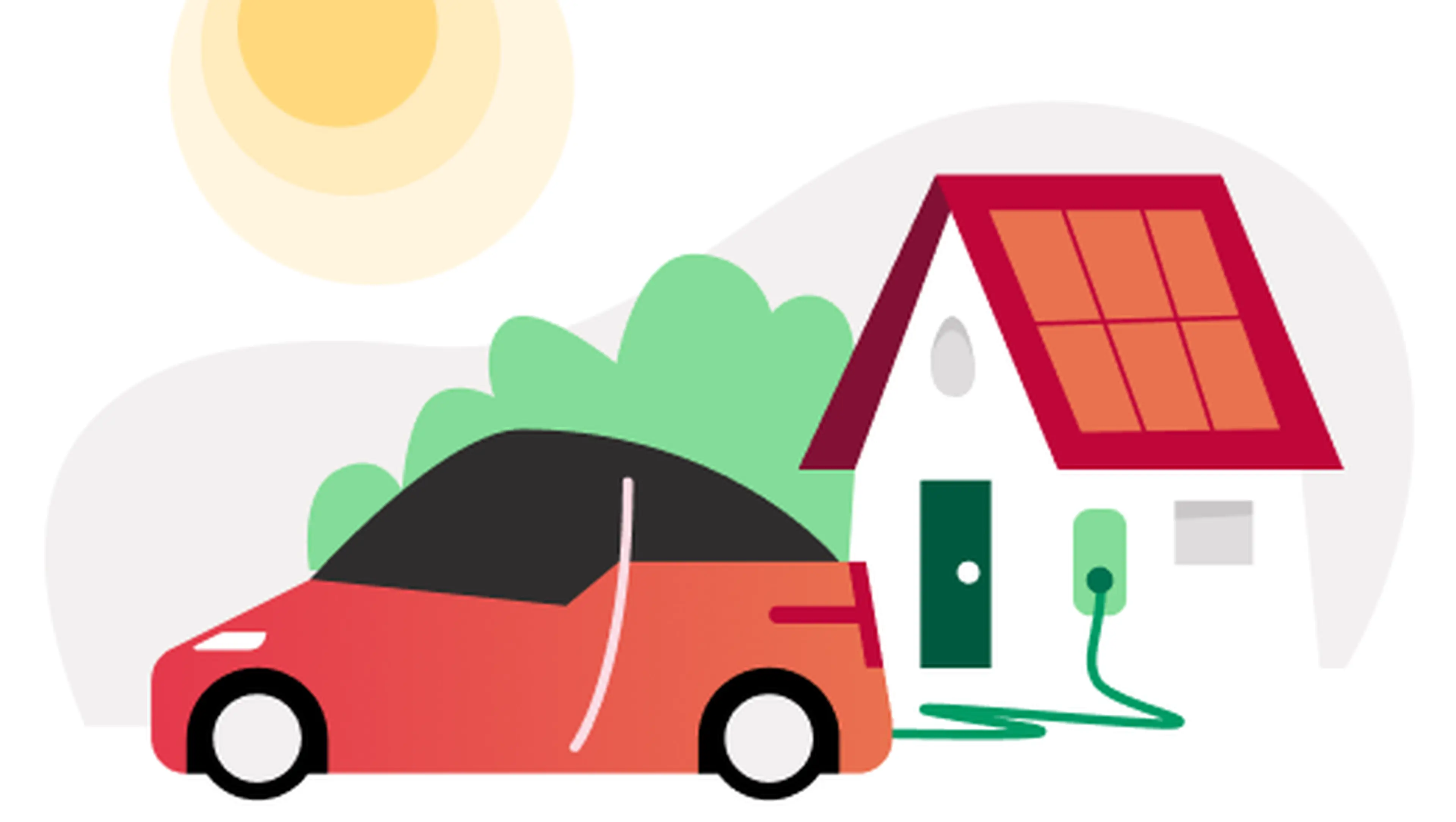 Illustratie van een elektrische auto aan een laadpaal bij een huis met zonnepanelen