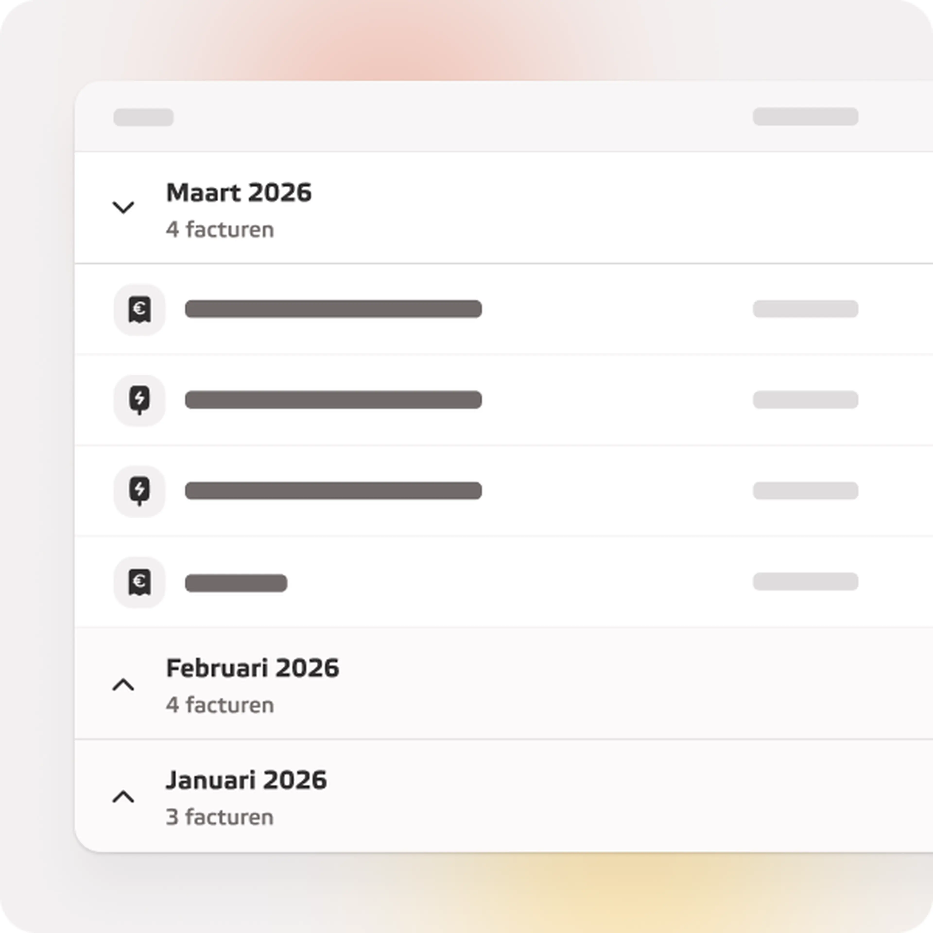 Het facturenoverzicht in My Eneco eMobility, gegroepeerd per maand