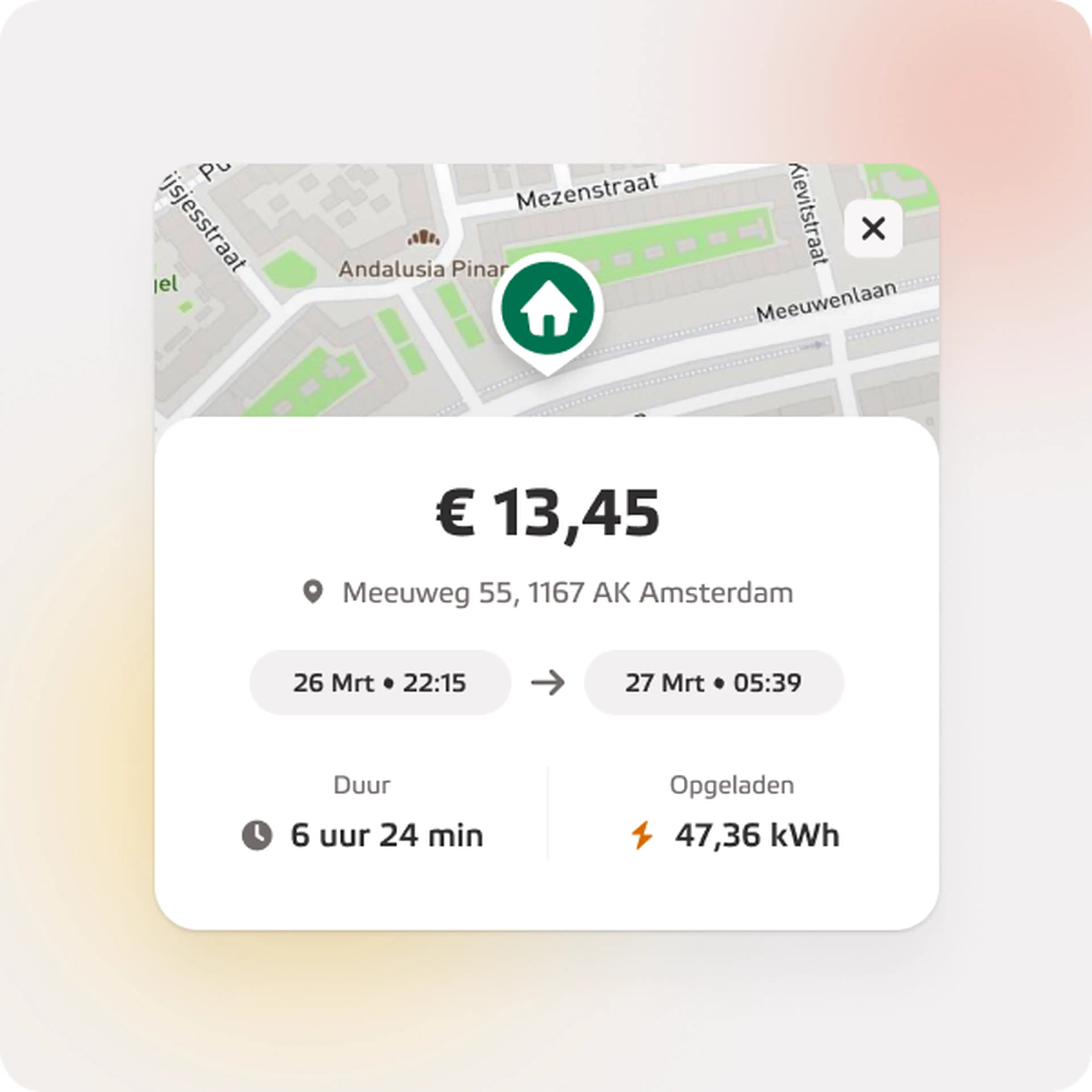 Een laadsessie in My Eneco eMobility met locatie, duur, kosten en opgeladen kWh