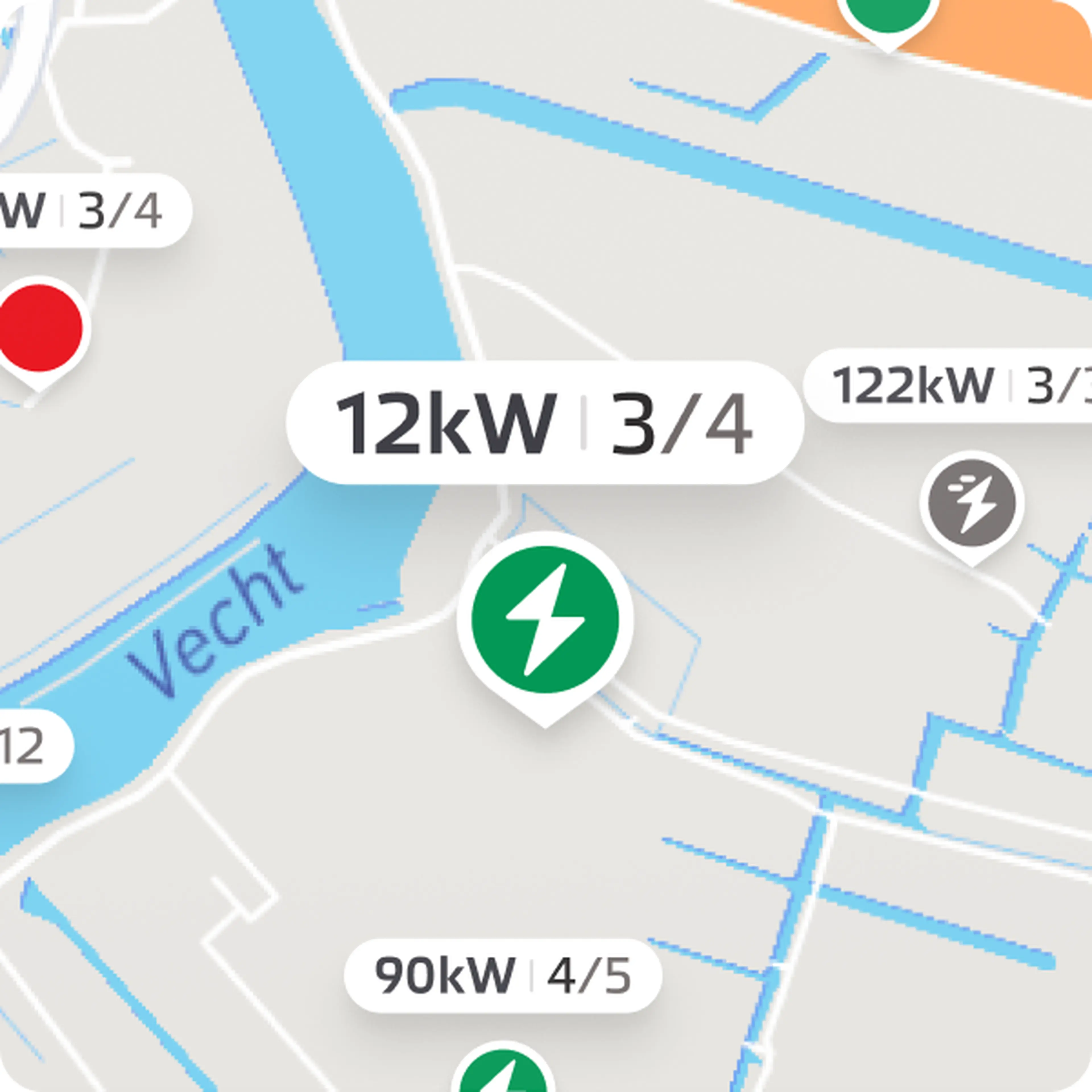 De laadkaart in de app met beschikbare laadpunten en laadsnelheden