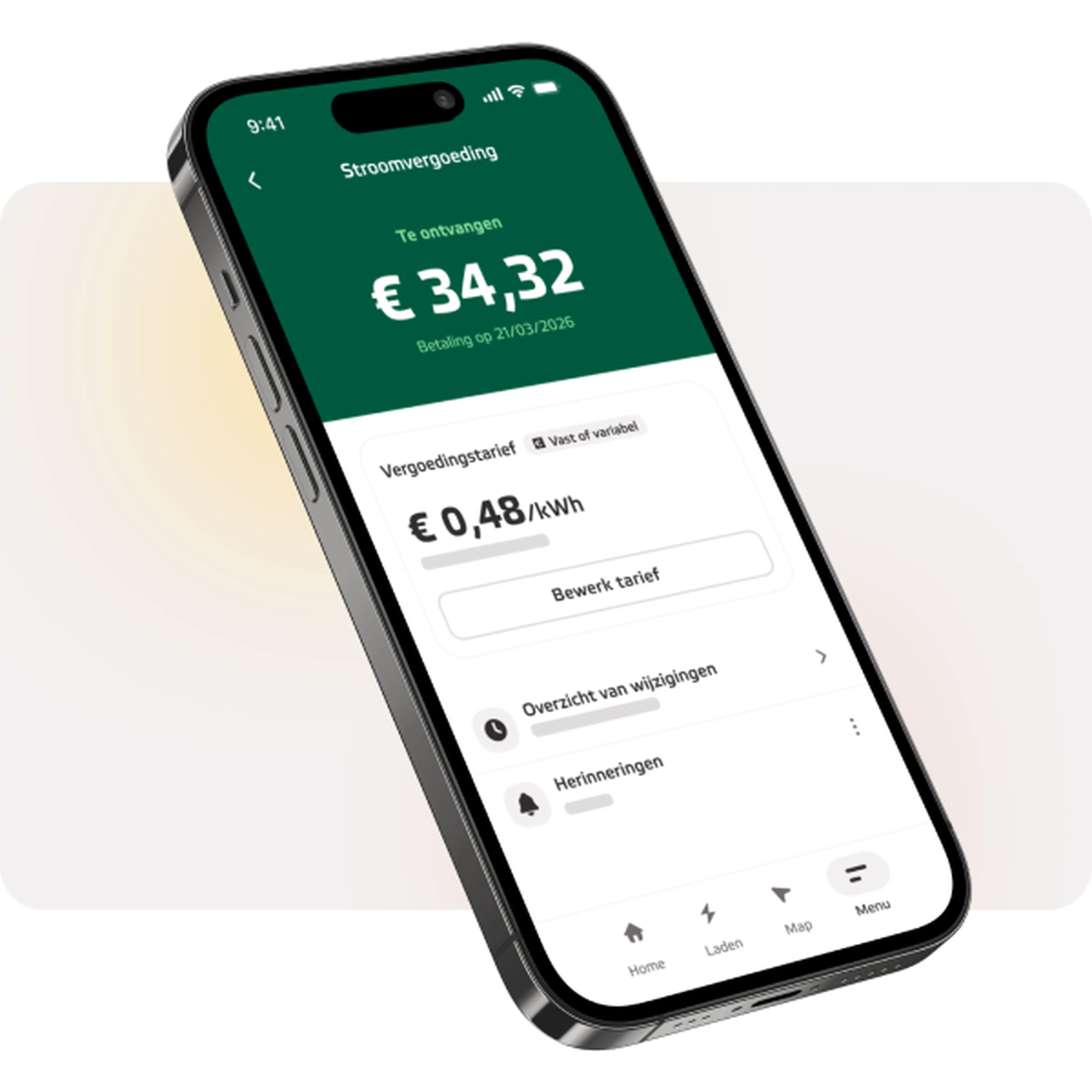 Het stroomvergoedingsscherm in de app met het vergoedingstarief