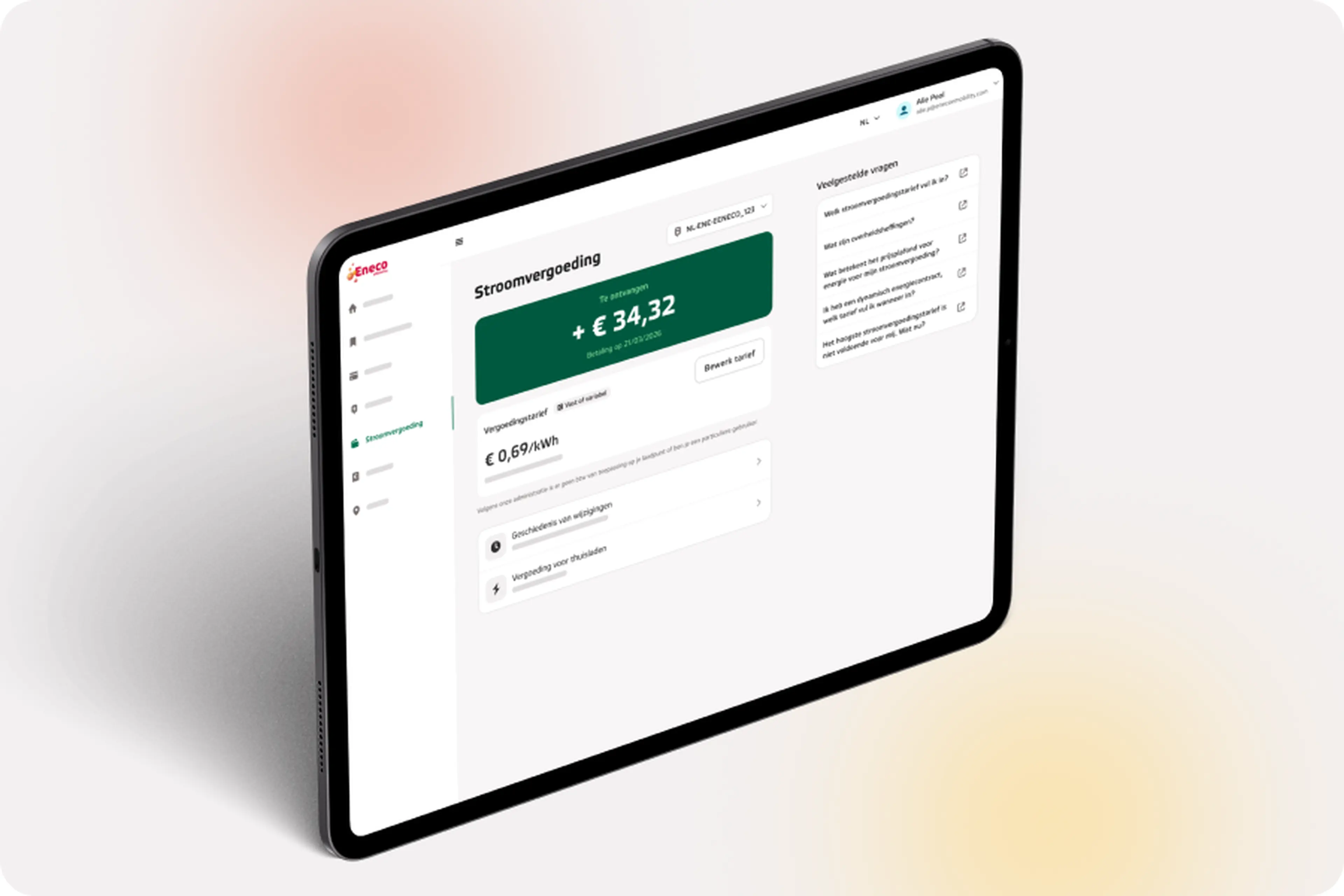 Het stroomvergoedingsscherm van My Eneco eMobility op een tablet