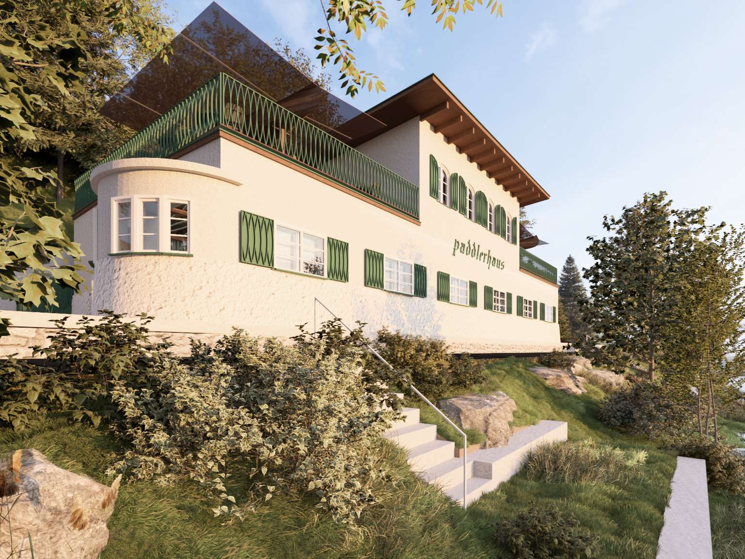 3D Render des Paddlerhaus von schräg vorne mit Fluss Enns im Vordergrund.