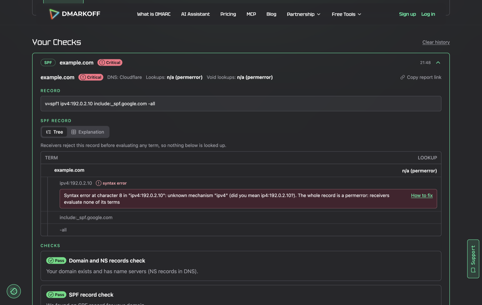 DMARKOFF: ipv4 typo reported as a whole-record syntax error with a suggested fix