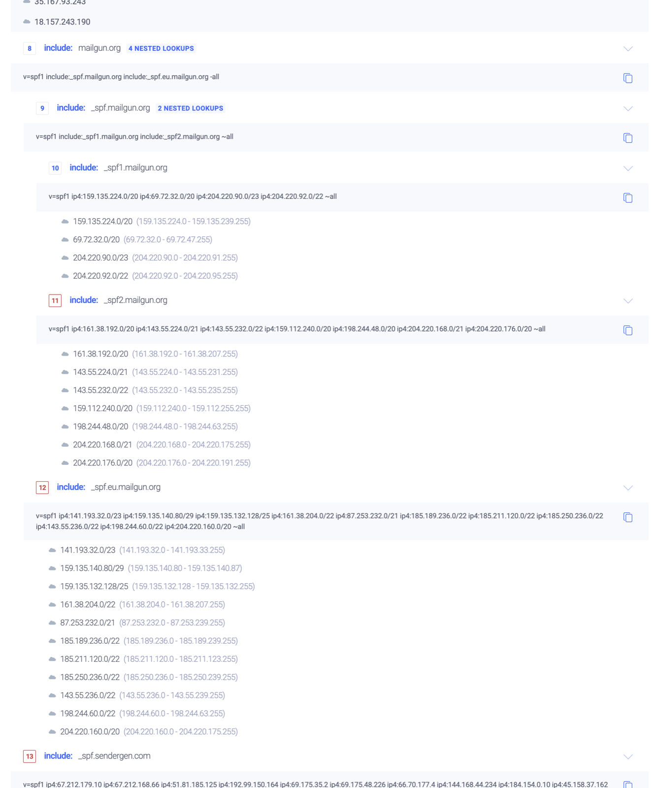 EasyDMARC numbered lookup tree for gitlab.com, #11 to #13 in red