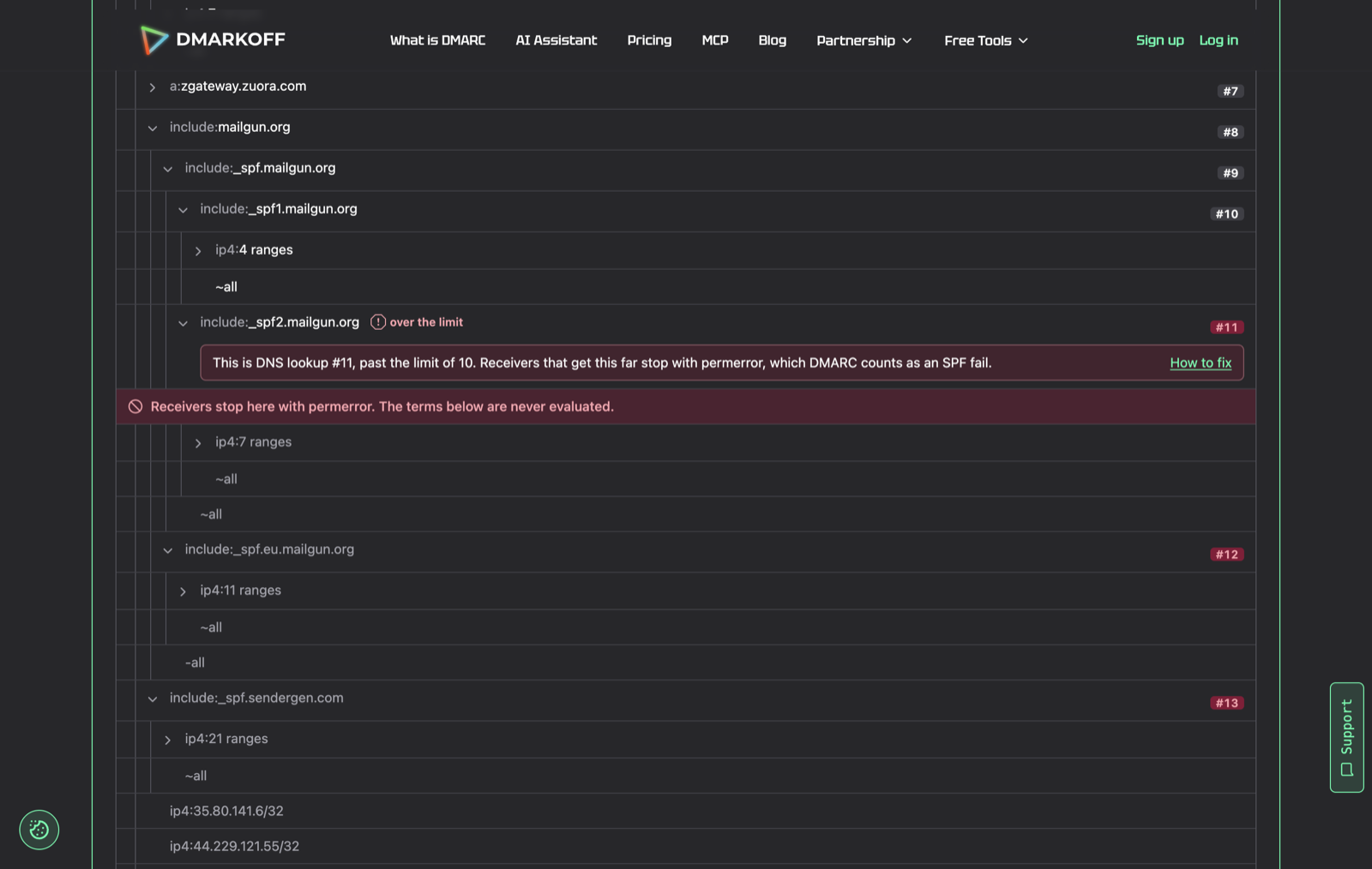 DMARKOFF tree for gitlab.com: lookup #11 over the limit, later terms never evaluated