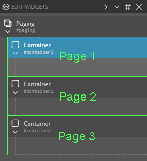The Edit Widgets panel showing a Paging widget containing three Container widgets, annotated in green as Page 1, Page 2 and Page 3.