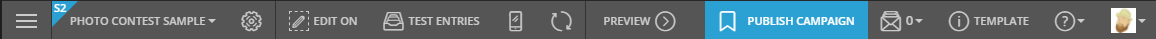 The Campaign Builder top toolbar, running left to right: the campaign name, Edit On, Test Entries, mobile and refresh buttons, Preview, Publish Campaign, entries, Template, and help.