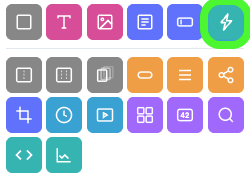 The Add Widgets panel with the Action Widget icon, a lightning bolt, circled in green.