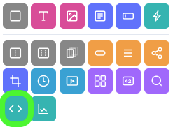 The Add Widgets panel with the Code Widget icon, a pair of angle brackets, circled in green.