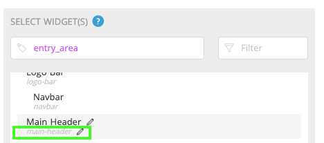 The Select Widgets dialog with entry_area typed into the search box. The widget list shows Logo Bar, Navbar and Main Header, with the Action Label main-header and its pencil edit icon outlined in green.