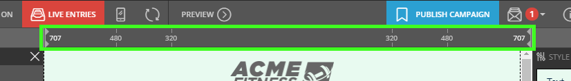 The Campaign Builder toolbar with the preview width Ruler outlined in green, marked with the breakpoints 707, 480 and 320 pixels.