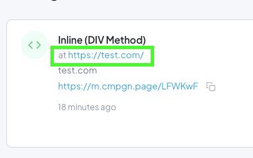 A campaign publication record for the Inline DIV method, with the embed address https://test.com/ outlined in green, followed by the campaign's own short URL.
