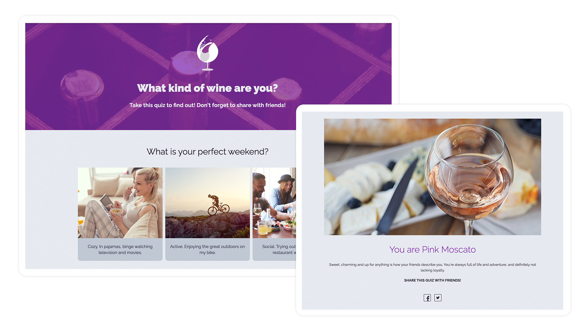 Two tablet screens display a wine personality quiz. Left shows quiz options and right reveals 