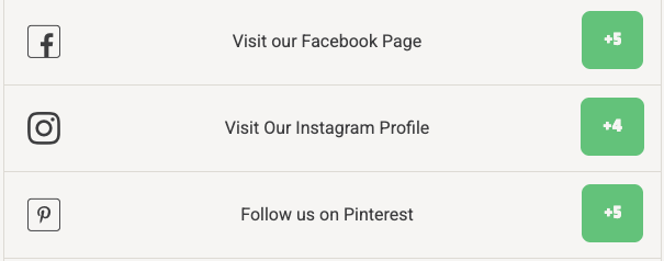 A three-column Points for Actions layout: the same three actions, each with its social network icon on the left and a green points button on the right.