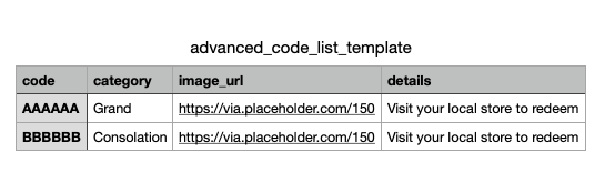 The advanced code list template spreadsheet, with columns for code, category, image_url and details, and two example rows: a Grand prize code and a Consolation code.