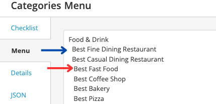 The Categories Menu editor on the Menu tab. Under Food and Drink, a blue arrow points to Best Fine Dining Restaurant at the first indent level and a red arrow points to Best Fast Food at a deeper indent.