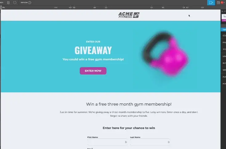 A published giveaway campaign in the builder preview: an Acme Fitness header, a turquoise hero reading Enter our Giveaway with an Enter now button, and a name and email entry form below.