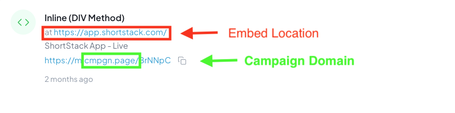 A campaign publication record. A red arrow labelled Embed Location points to the site address the campaign is embedded on; a green arrow labelled Campaign Domain points to the cmpgn.page part of the campaign's own URL.