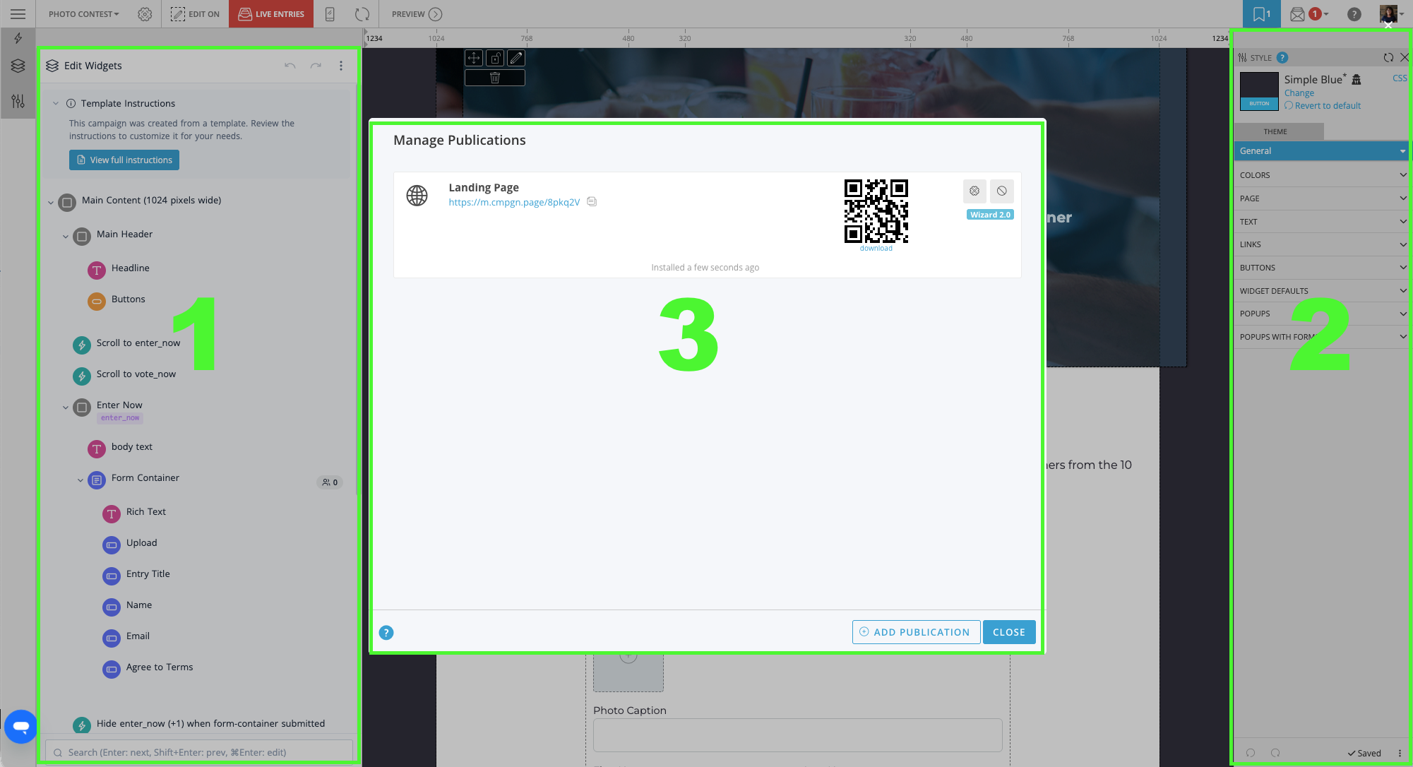 The Campaign Builder with its three panels outlined in green and numbered: the Edit Widgets panel on the left, the Style Panel on the right, and the campaign canvas in the middle, here showing the Manage Publications dialog.