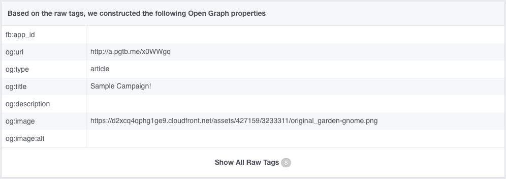 Facebook's Sharing Debugger showing the Open Graph properties read from a campaign: og:url, og:type article, og:title Sample Campaign, and an og:image URL.