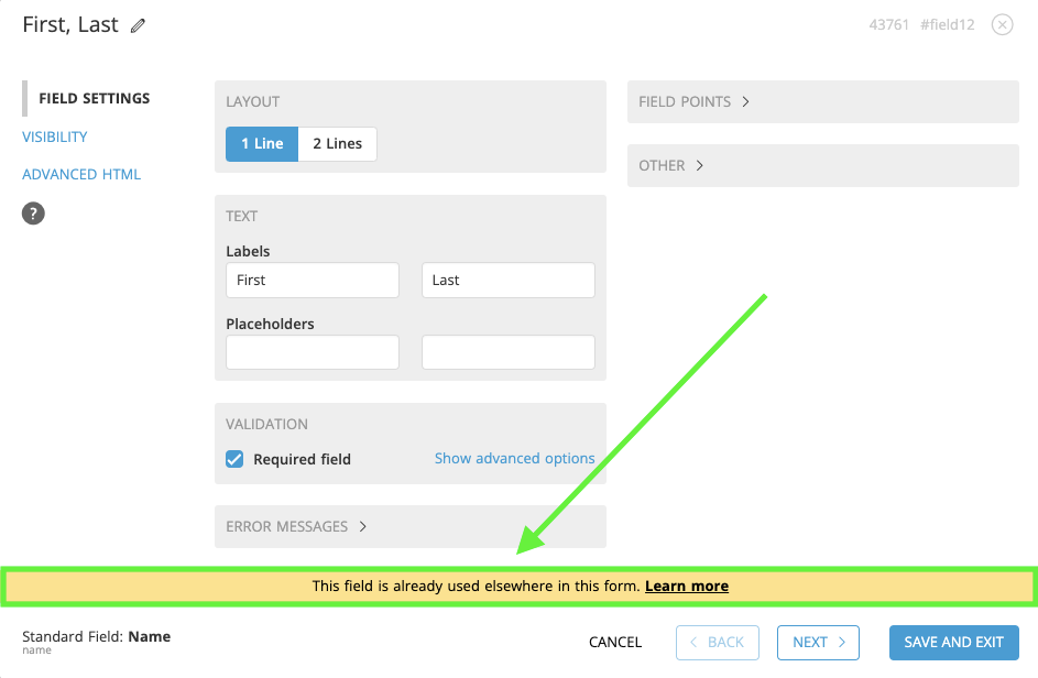 Field Widget settings for a First and Last name field. A green arrow points to a yellow warning bar reading This field is already used elsewhere in this form.