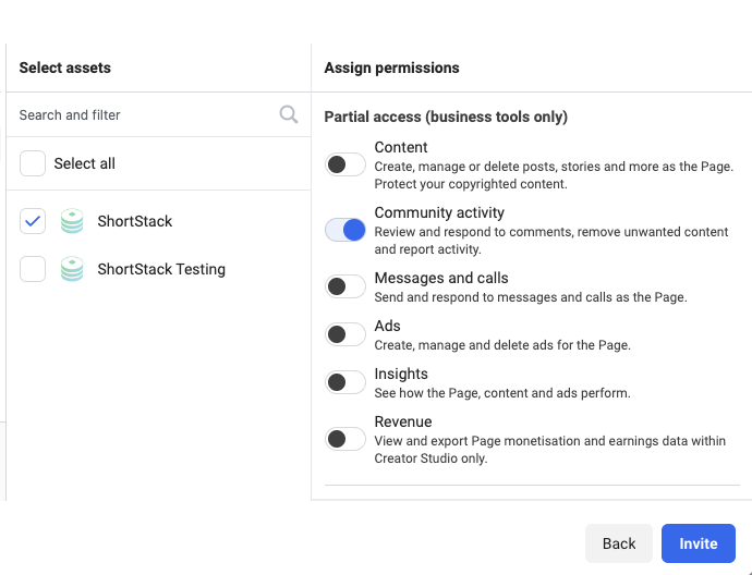 Meta Business Suite permissions. On the left a Page is selected; on the right, under Partial access, the Community activity toggle is switched on while Content, Messages and calls, Ads, Insights and Revenue remain off.