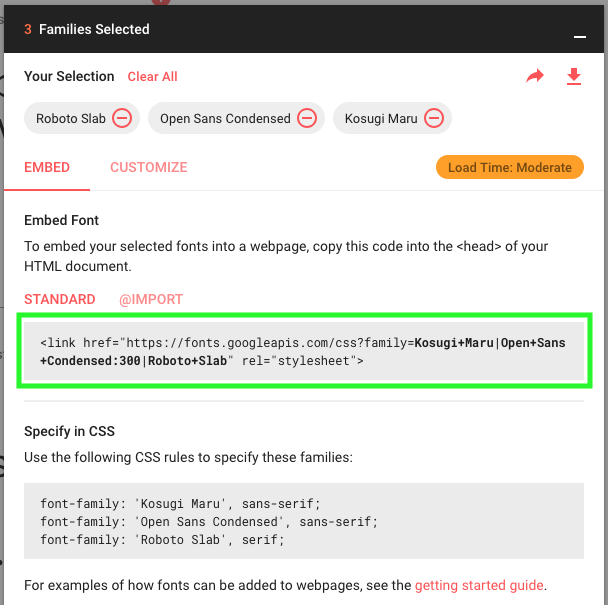 The Google Fonts selection panel with three families chosen: Roboto Slab, Open Sans Condensed and Kosugi Maru. On the Embed tab, the standard stylesheet link tag is outlined in green.