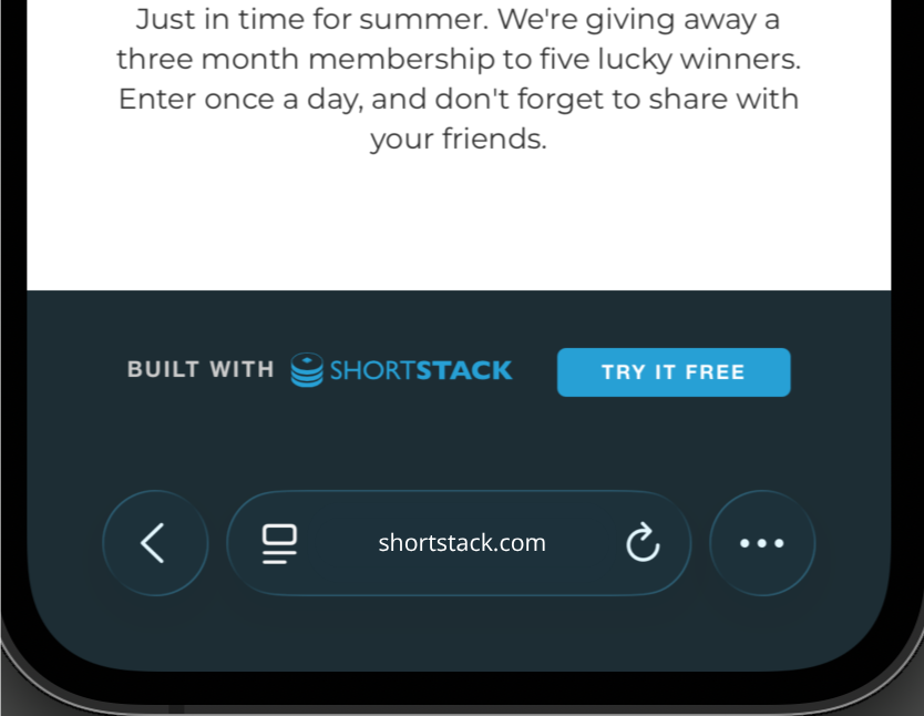 Mobile view of the ShortStack branded footer at the foot of a campaign, showing Built with ShortStack and a Try it free button.