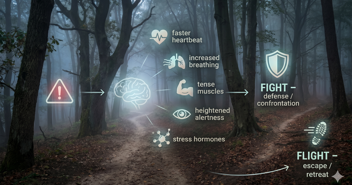 Fight or flight — illustration contrasting the stress response with meditation