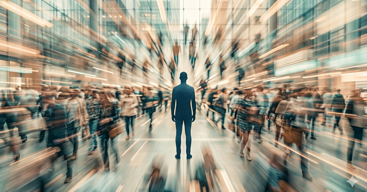 The calmest person in the room — a still figure in a rushing crowd