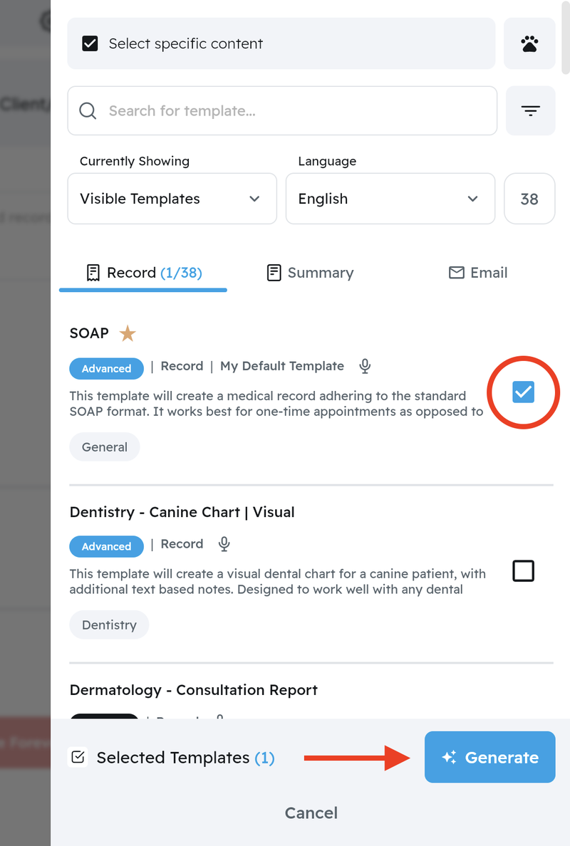 The CoVet template picker listing the Dentistry Canine Chart template