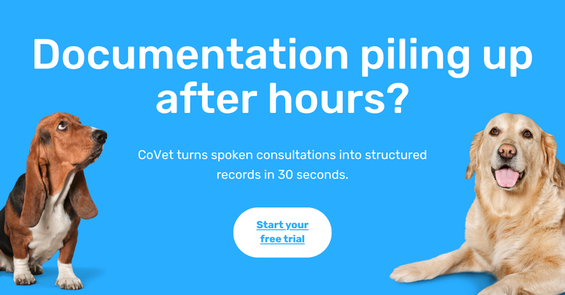 Blue background with two dogs and text: "Documentation piling up after hours? CoVet turns spoken consultations into records in 30 seconds. Start your free trial."
