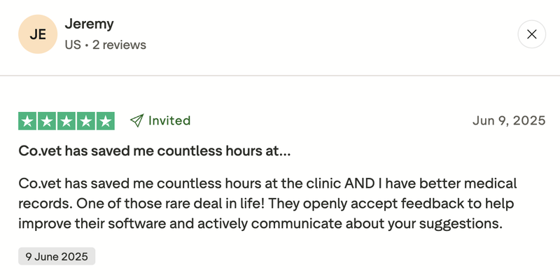 Customer review highlighting CoVet's time-saving benefits and improved medical records.
