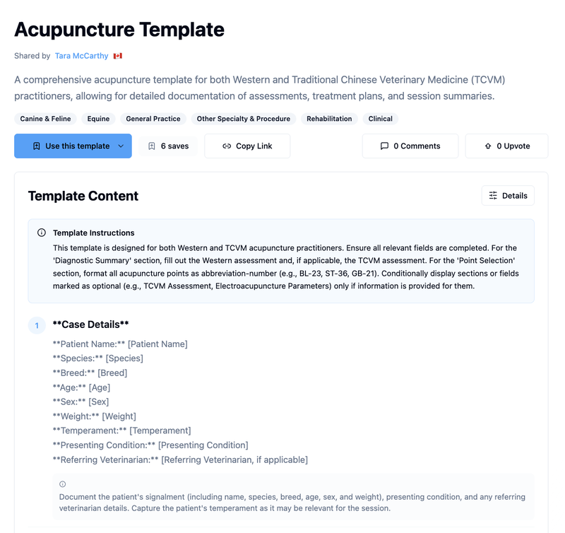 Veterinary acupuncture SOAP note template in CoVet, open to the case details section with fields for patient signalment, presenting condition, and referring veterinarian.