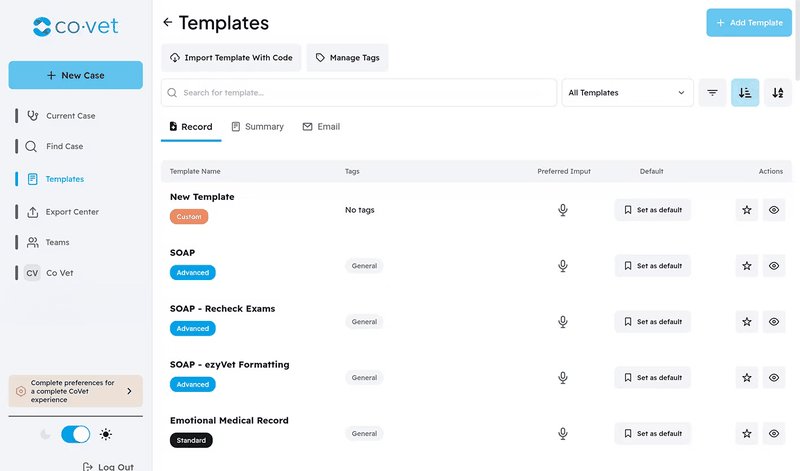 CoVet's CoPilot interface showing a list of templates with options to set preference and other actions.
