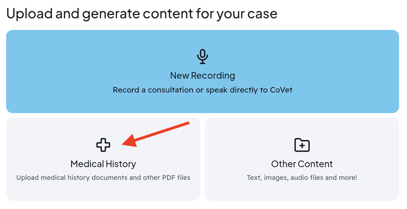 The Medical History option for uploading history PDFs in a CoVet case