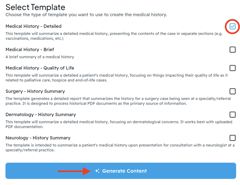 Selecting the Medical History - Detailed template in CoVet