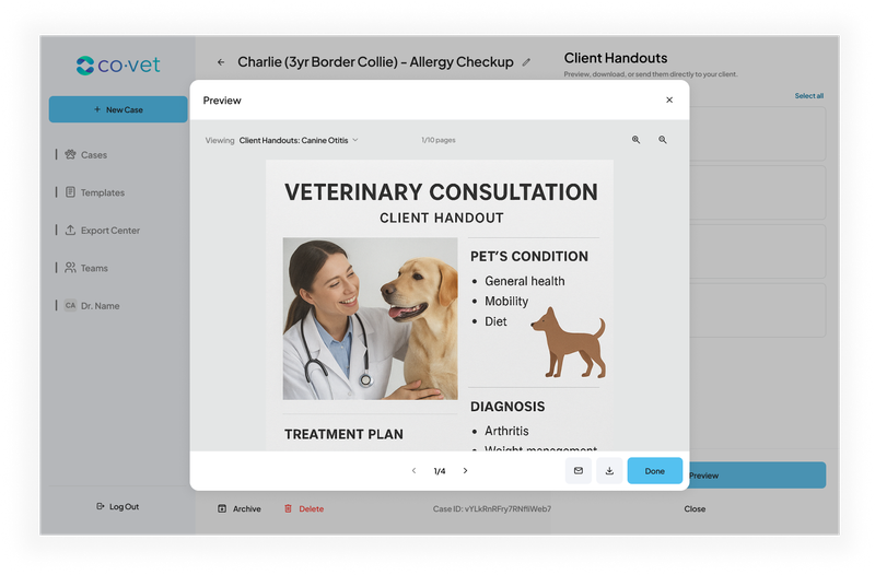 A Vetlexicon client handout open in preview inside a CoVet case